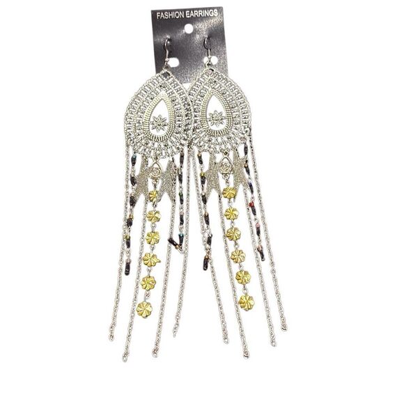 Silver Teardrop Filigree Yellow Black Beads Long Earrings Chain Fringe Stars NWT - Picture 1 of 6